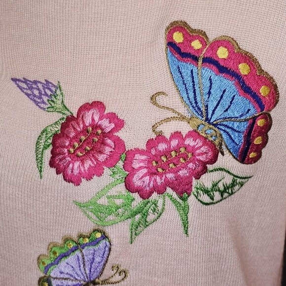 Retro 70s Womens Medium Sweater‎ Pink Embroidered Butterflies Flowers - Picture 4 of 9